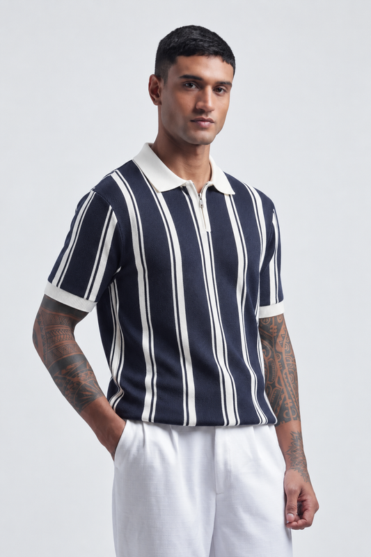 Midnight Riviera Zip-Stripe Knit Polo