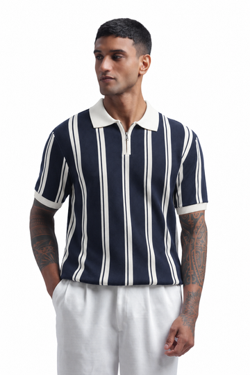 Midnight Riviera Zip-Stripe Knit Polo
